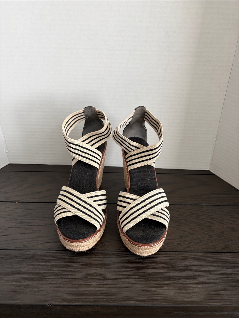 Tory Burch Cream and Black Striped Espadrille Wedge Sandals